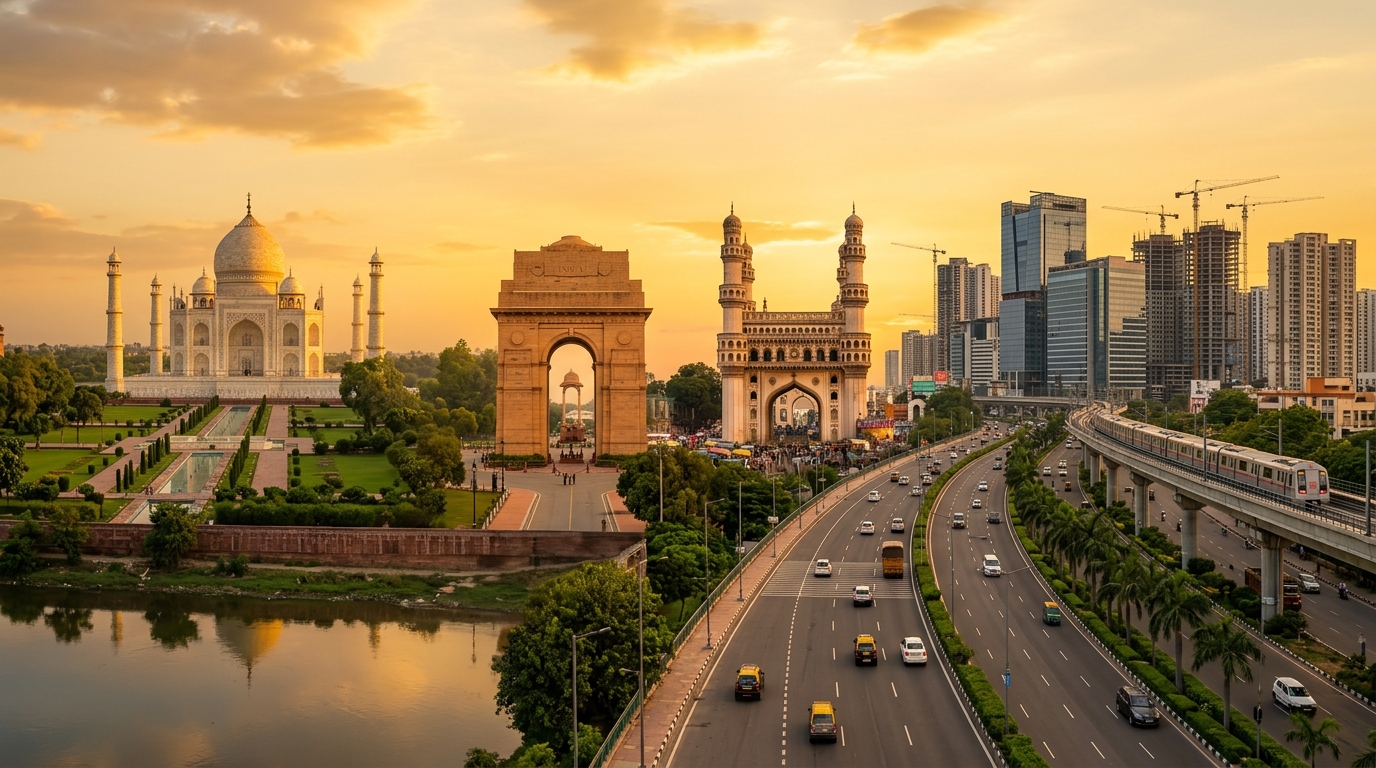 India's growth — Taj Mahal, India Gate, Charminar and a modern skyline at golden hour